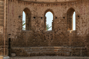 Medieval ruins of Church of St George of the Greeks, Famagusta, Northern Cyprus. Detail of the wall with three windows in old fortress. Copy space