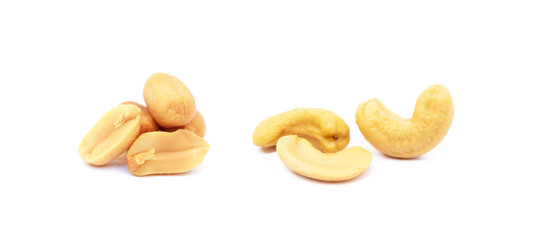 Salted roasted peanuts and cashew nuts isolated on white background