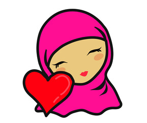 Muslim beautiful girl with heart. Cartoon. Islam ic woman in a headscarf. Vector illustration.
