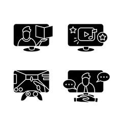 Video production glyph icons set. Collection of filled flat signs for video call, web game, music clip and vlogging. Mobile media players linear elements set. Isolated silhouette vector illustrations 