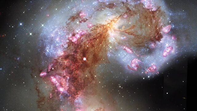Space Flight to the cosmic Antennae Galaxies star fields in outer space