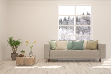 White living room with sofa and winter landscape in window. Scandinavian interior design. 3D illustration