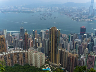 view of Hong Kong panorama (skyscrapers and sea) from Victoria peak