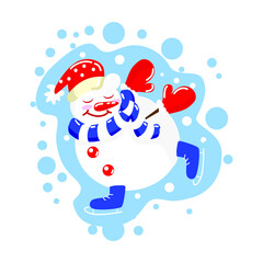 A cute snowman in a red hat, red mittens is skating on a white isolated background in a flat style, cartoon. Cheerful snowman on winter new year holidays
