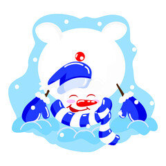 A cute snowman in a blue hat, blue mittens stands on his hands in a snowdrift on a white isolated background in a flat style, cartoon. Cheerful snowman on winter New Year holidays.
