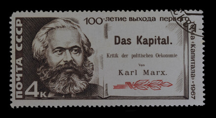 Bakhmut, Ukraine, December, 2020. Portrait of K. Marx on a Soviet stamp