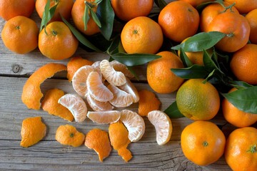 fresh tangerines and slices on a wooden board. food background