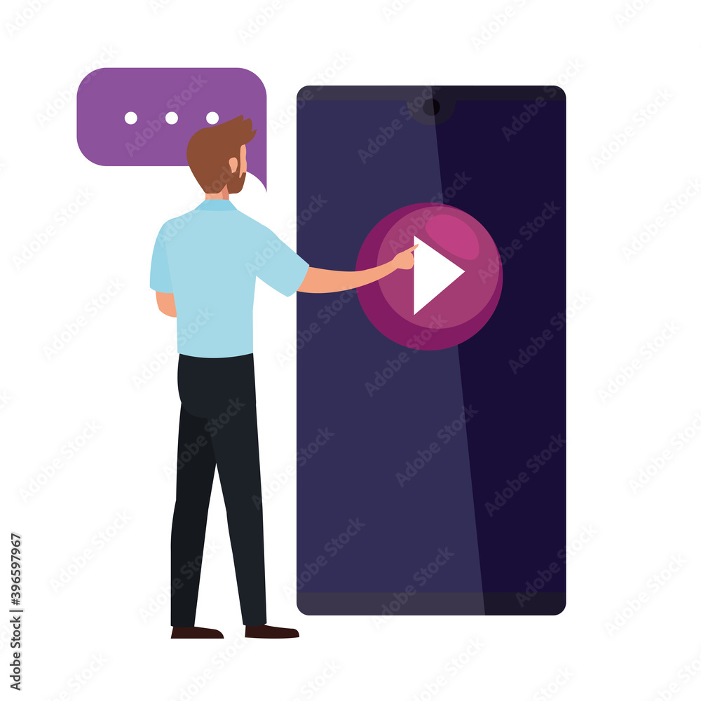 Sticker elegant business man using smartphone and social media vector illustration design