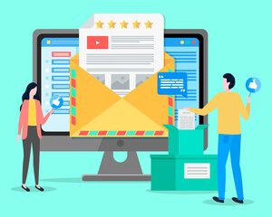 Feedback to users customers of website, analysing consumer demands, rating stars, increase popularity of social network, young man with like sign, boxes with postal letters, analysing consumer demands