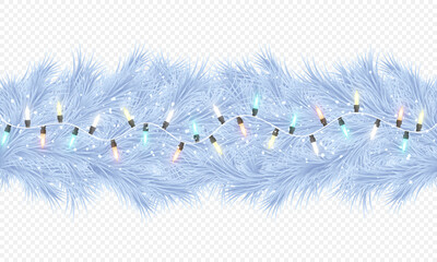 Christmas tree branches in scandinavian style with holiday garland isolated on transparent background.