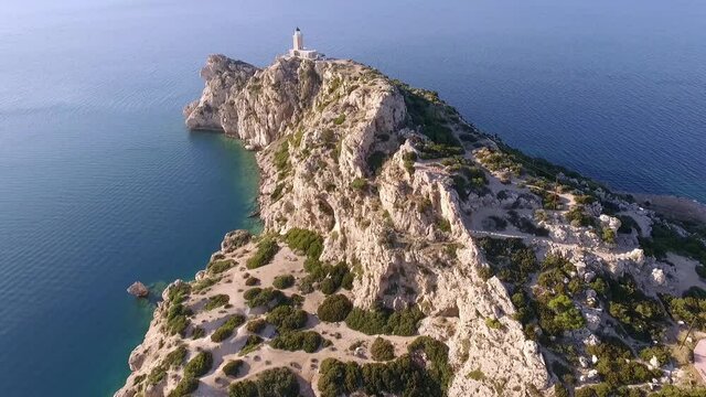 Aerial view of the lighthouse of Cape Melangavi, , Perachora region, Corinthia, Greece