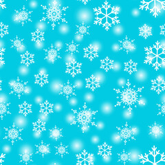 Snow seamless pattern. White snowflakes on blue background. Falling snow.