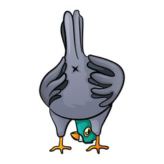 Cartoon funny pigeon with cross on booty. Vector comic bird illustration. Colorful dove isolated on white.