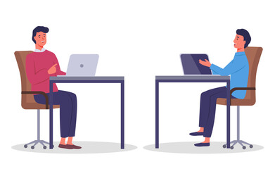 Colleagues working, teamwork process, office workers sitting at table and working, discussing, brainstorming, analysing strategy of work, two businessmen using laptops, isolated flat characters