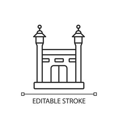 Hajj linear icon. Annual islamic pilgrimage to mecca. Mandatory religious duty for muslims. Thin line customizable illustration. Contour symbol. Vector isolated outline drawing. Editable stroke