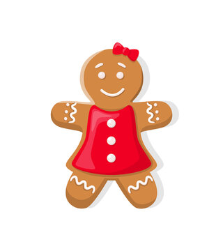 Holiday gingerbread of snowman, smiling girl in red dress with bow and buttons. Single traditional decoration in flat style isolated on white vector