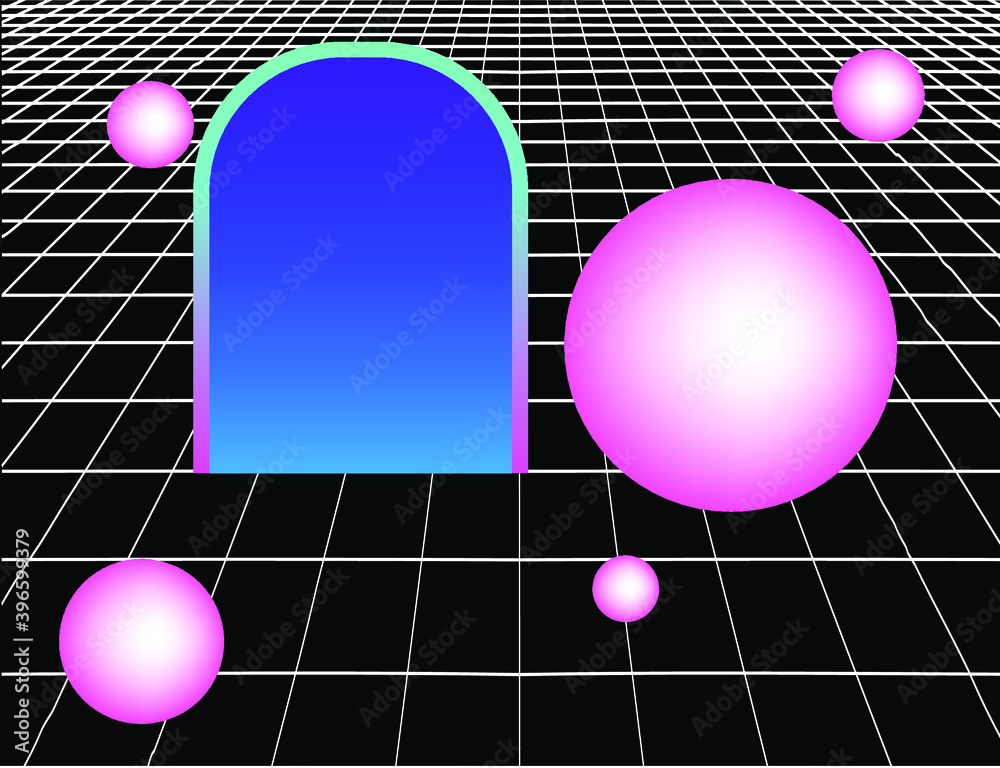 Aufkleber surreal background with spheres and laser grid. synthwave and vaporwave aesthetics of 80's and 90's.