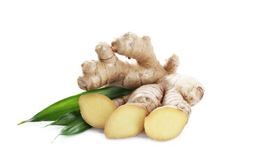 Cut fresh ginger and leaves isolated on white