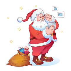 Vector Santa Claus receives mail with Christmas wishes. Santa's bag with gifts. Illustration on white background. 
