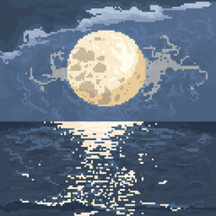 pixel background with ocean and full moon