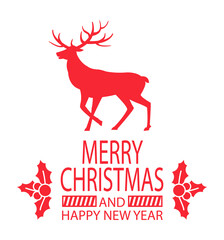 Red paper card decorated by deer and leaves with berries, lines and points. Simple congratulation postcard with Merry Christmas and Happy New Year vector