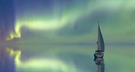 Sailing luxury yacht along the route over dark sea - Northern lights aurora borealis