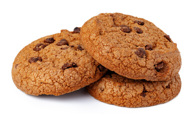 Pile of chocolate chip cookies isolated on white background