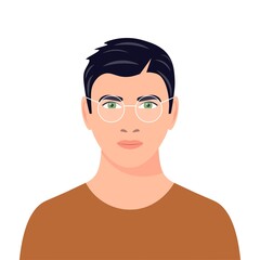 Portrait of a dark-haired guy with glasses. Avatar of a young man. Handsome young man. Green-eyed male character. Flat vector illustration.