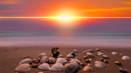 Sea shells on sand background at dramatic sunset