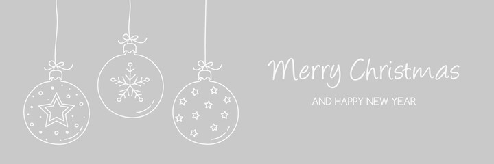 Christmas banner with hanging baubles with decorations. Vector