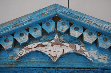 Old wooden decoration in abandoned village of Chernobyl zone