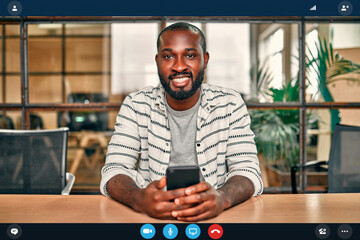 Headshot portrait application screen view of african american worker at online job interview using...