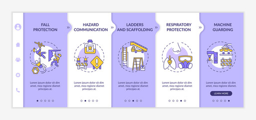 Top workplace safety violations onboarding vector template. Protection from high places falling. Responsive mobile website with icons. Webpage walkthrough step screens. RGB color concept