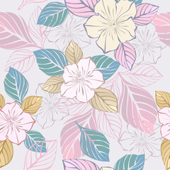 Fototapeta na wymiar Seamless background of colored flowers and leaves on a white pattern background. Suitable for wallpaper, textiles, packaging.