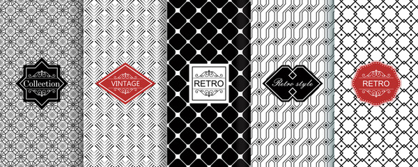 Set of Seamless geometric stylish texture. Classic Art Deco seamless pattern. Abstract retro texture. Vintage Islamic wallpaper. Lattice graphic design. Vector modern tiles pattern in black, white.
