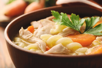 Close-up of a bowl of chicken noodle soup
