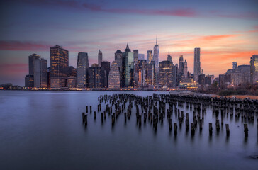 Big City skyline at sunrise from Brooklyn