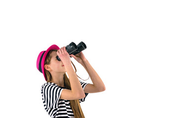 teenage girl looking to copy space globe with binoculars isolated on white background.