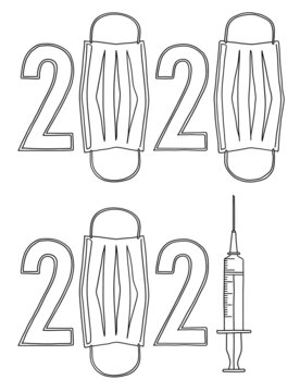 Corona year 2020 face mask and Covid vaccination year 2021. Virus new vaccine help syringe against coronavirus. vector illustration