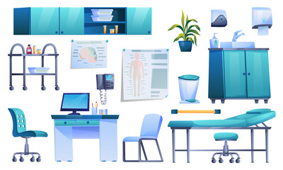 Doctors office interior elements isolated icons set. Vector clinic office room with desk, medical armchair, computer, shelf potted plant. Rubbish bin and medications, paper holder, washbasin with tap