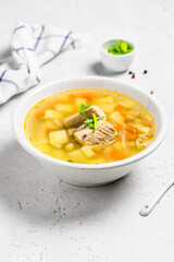 Fish soup, ukha in a bowl. Space for text.