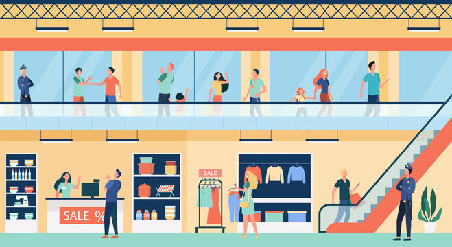 People shopping in city mall flat vector illustration. Cartoon buyers walking inside commercial building or store. Supermarket interior, retail and urban lifestyle concept
