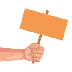 hand human protesting with wooden banner vector illustration design