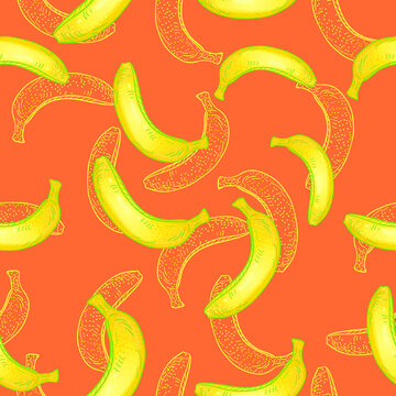 Seamless pattern with colorful bananas on orange background, vector illustration
