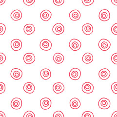 Doodle polka dots seamless vector pattern in red and white. Simple surface print design for fabrics, stationery, scrapbook paper, gift wrap, home decor, wallpaper, textiles, and packaging.
