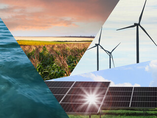 Collage with photos of water, field, solar panels and wind turbines. Alternative energy source