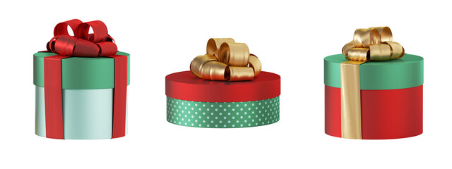 3d render, set of red green cylindrical gift boxes with golder ribbon bow, Christmas clip art isolated on white background