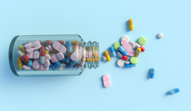 Top view of colorful medical drugs and medicines transparent bottle on light blue backdrop, 3d illustration.