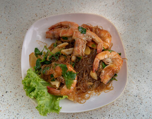 Grilled shrimps with vegetables. Pattaya, Thailand