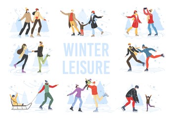 Flat cartoon family characters doing winter outdoor sport activities,skiing,ice skating and sledging in snow,merry christmas,happy New Year holiday concept